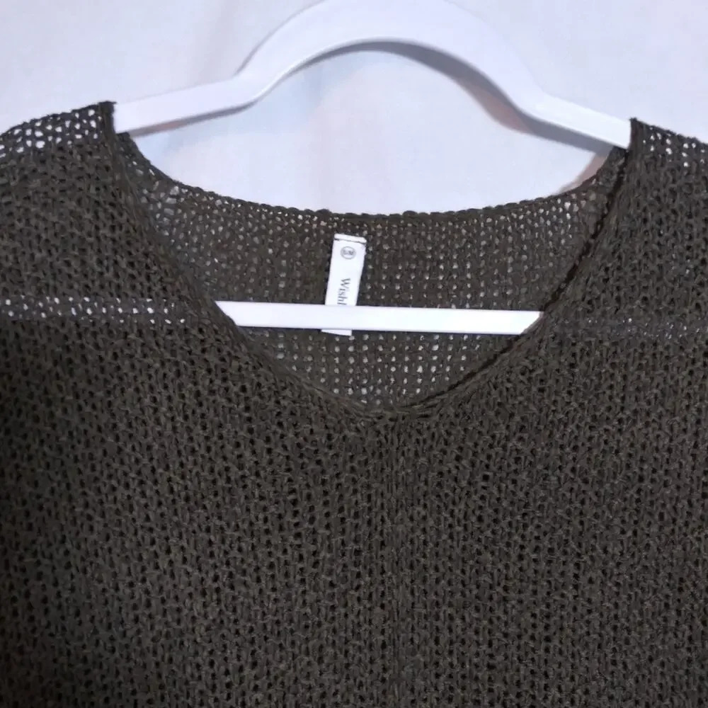 Wishlist Oversized Crochet Open Knit V-Neck Sweater in Olive Casual Relaxed S/M